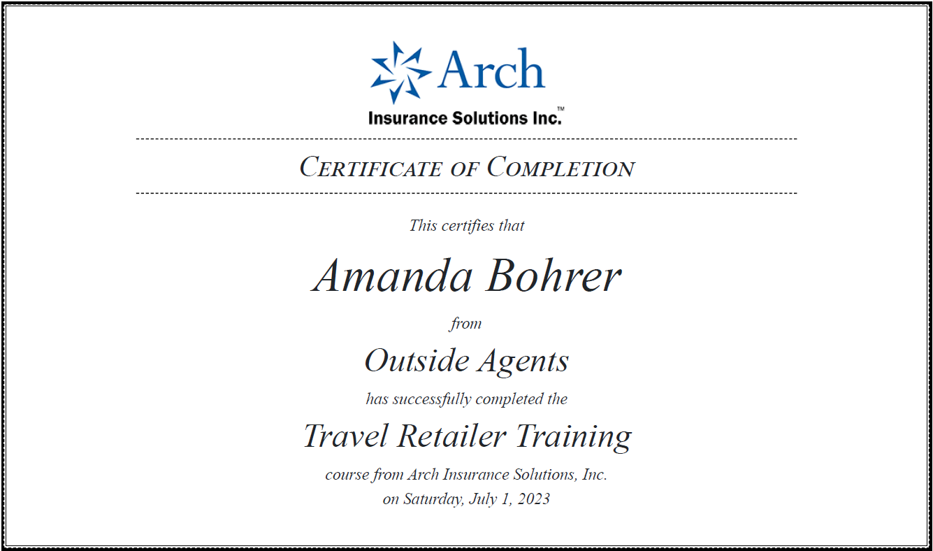 Arch RoamRight Insurance Certification - Amanda's Grand Vacations